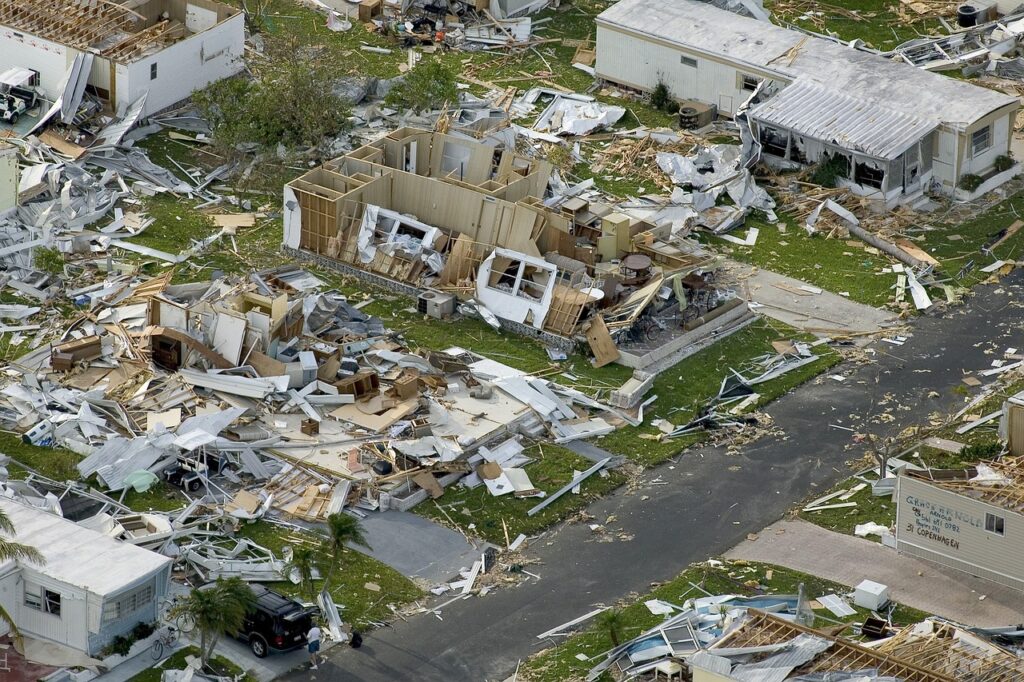 aerial shot of homes that were severely damaged by hurricane