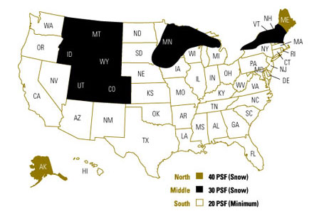 Color coded roof load zone map of different US states for a mobile home