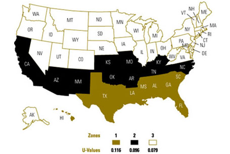 Color coded thermal zone map of different US states for a mobile home