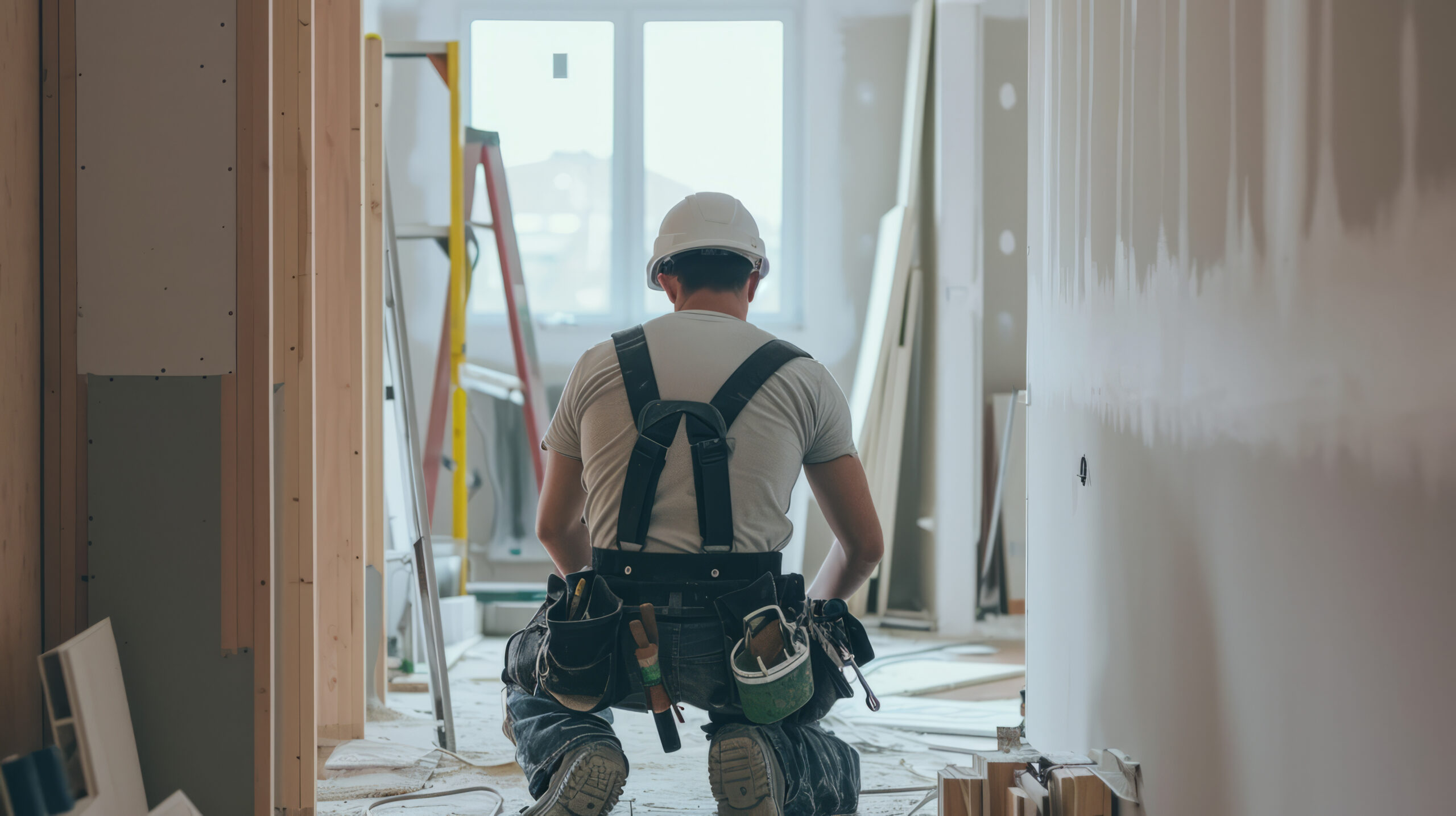 Man renovating mobile home in hard hat